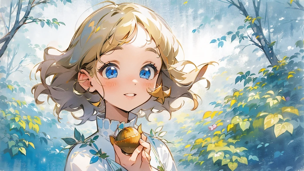 1girl, hold acorn, acorn girl humanization, blonde hair, blue eyes, dress, forest, leaf, lips, looking at viewer, nature, short hair, solo, traditional media, tree, upper body, watercolor \(medium\), cute, smile