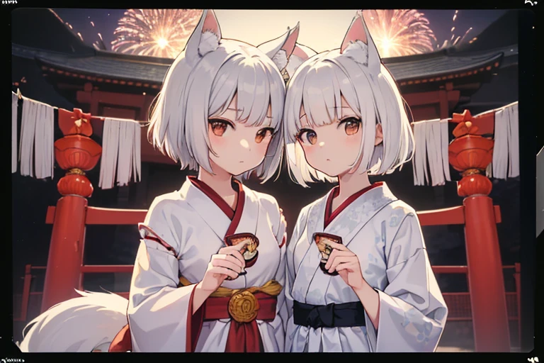 (Printed Polaroid Photo\(2females および2人の女の子 cute,cute Five fingers Five fingers Small wolf ears Small wolf ears White Shorthair Brown short hair Petite Petite Normal chest Normal chest first round first round Shrine maiden Shrine maiden The background is fireworks