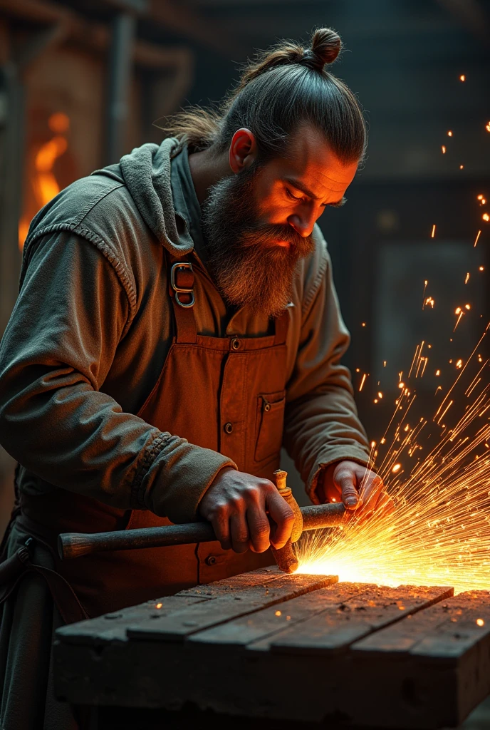 blacksmith, sparks, intricate, insanely detailed, man with beard, big hammer, big anwil, sparks, glowing metal bar,