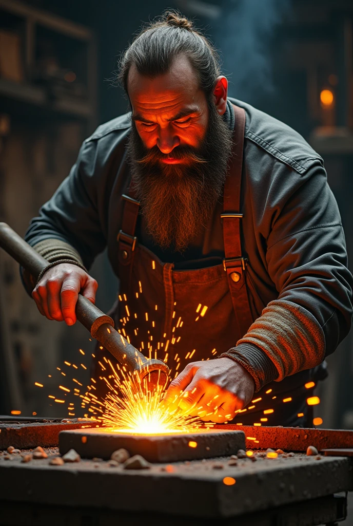 blacksmith, sparks, intricate, insanely detailed, man with beard, big hammer, big anwil, sparks, glowing metal bar,