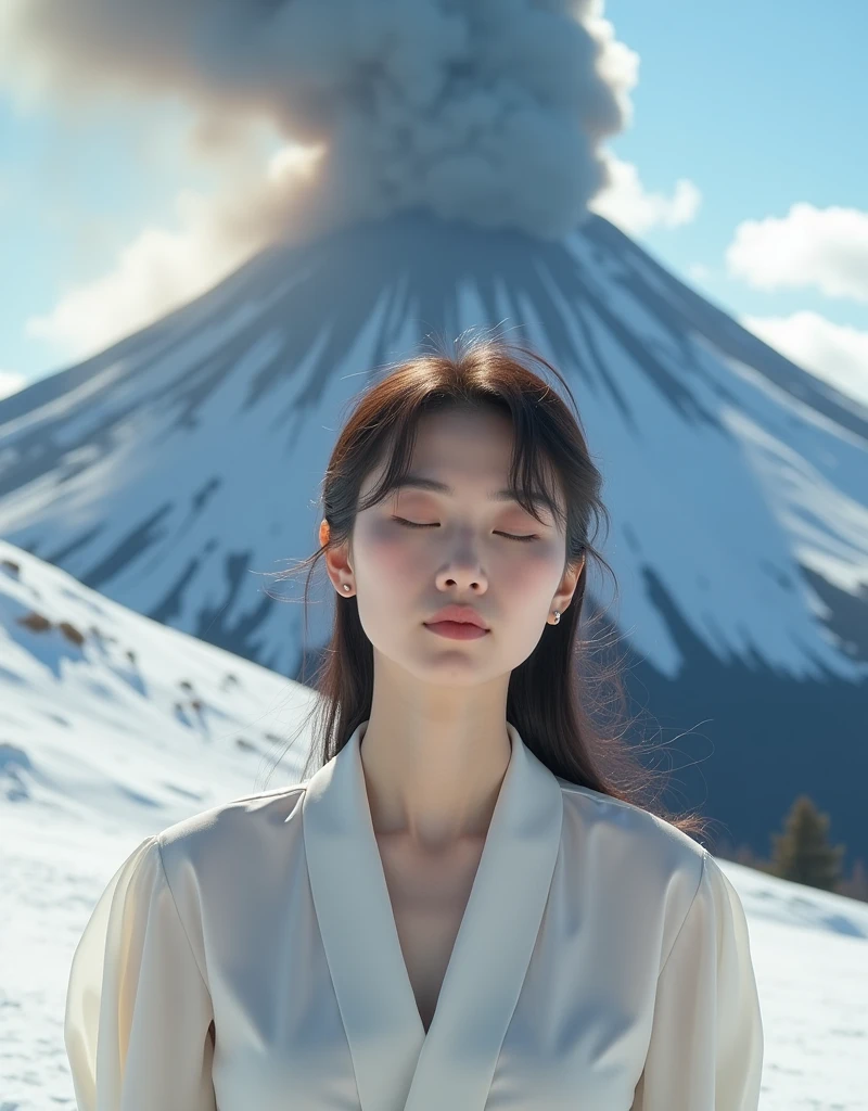 An elegantly dressed Japanese woman in natural light、A close-up of her chest and calm expression.、It shows her inner peace and outer charm.。A photorealistic image titled 'Winter Mountain Eruption': A snow-covered mountain experiencing a powerful volcanic eruption. Thick smoke and ash billow into the cold, clear sky, contrasting with the pristine white snow on the slopes. The scene captures the dramatic and intense eruption amidst the serene and quiet winter landscape, highlighting the raw power of nature.