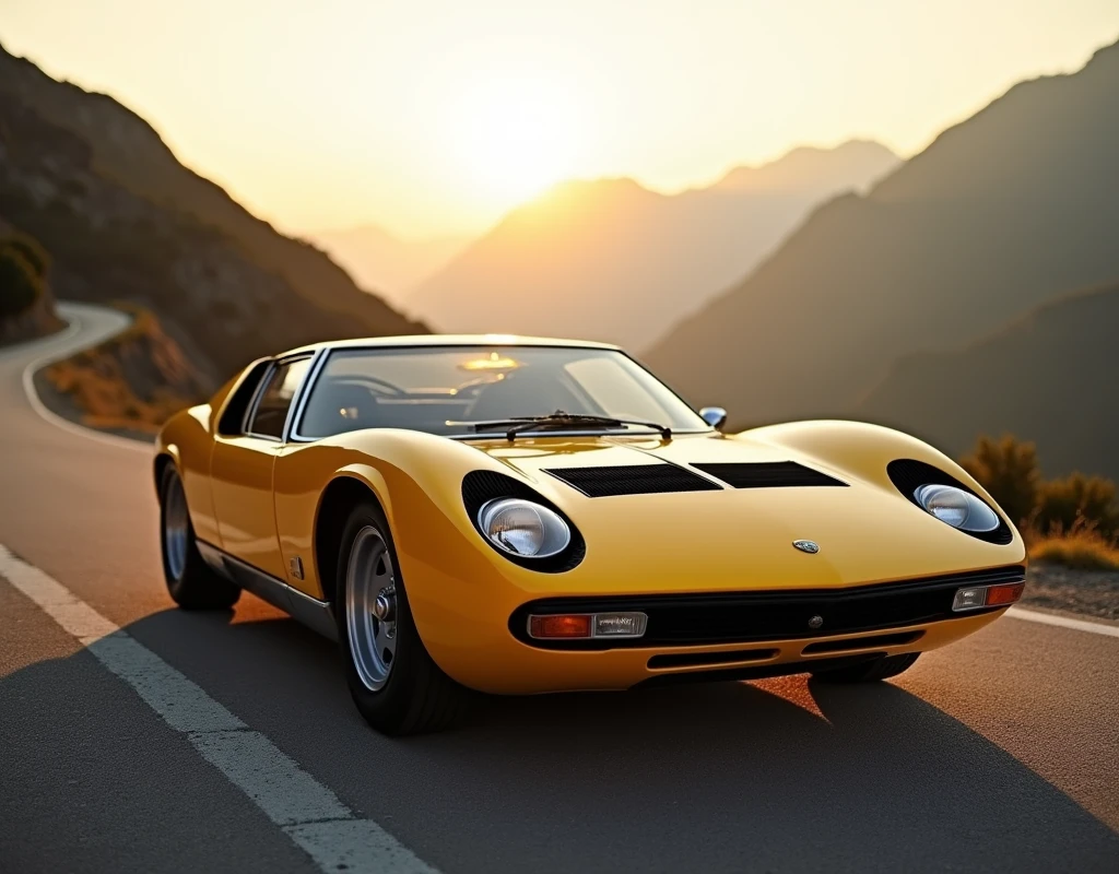 An award-winning, masterpiece-quality photograph of a Lamborghini Miura (1966), one of the first supercars with a mid-engine design. The car is displayed in a striking golden yellow color, which enhances the elegant curves and aggressive lines of its innovative design. The image captures the Miura from a low-angle three-quarter front view, highlighting its distinctive 'eyelash' headlights, sleek profile, and iconic side air intakes. The setting is an early morning sunrise on an empty, winding mountain road, with soft, golden light reflecting off the car's polished surface, emphasizing its luxurious finish. The background showcases a stunning landscape of misty mountains, adding depth and grandeur to the scene. The composition is carefully balanced, with the Lamborghini as the focal point, allowing the viewer to appreciate every detail of its classic design. The photograph should evoke a sense of timeless beauty, elegance, and power, capturing the essence of this legendary vehicle in a way that is worthy of multiple awards