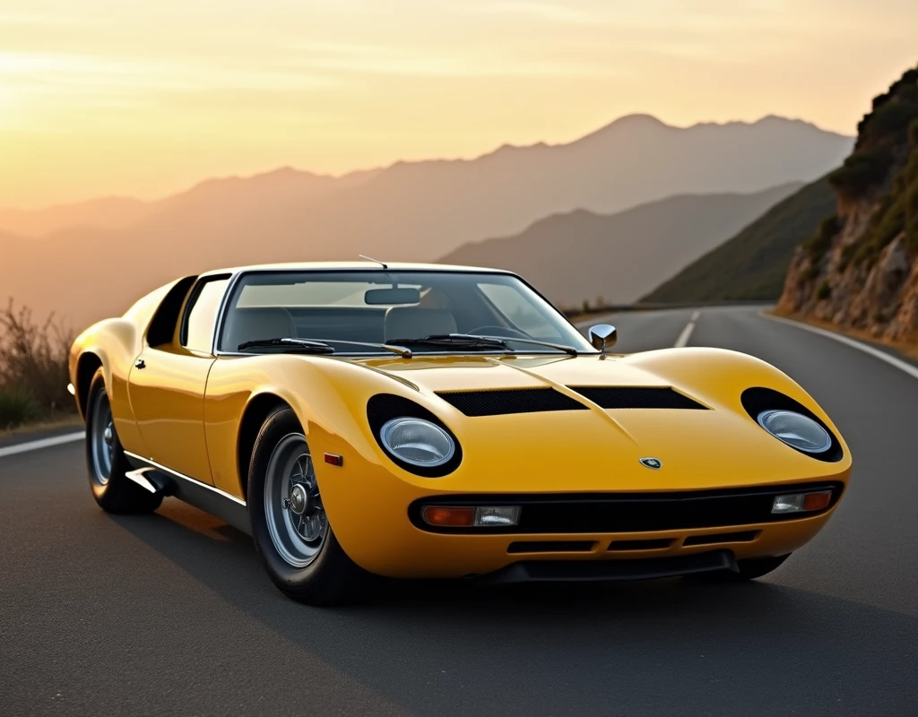 An award-winning, masterpiece-quality photograph of a Lamborghini Miura (1966), one of the first supercars with a mid-engine design. The car is displayed in a striking golden yellow color, which enhances the elegant curves and aggressive lines of its innovative design. The image captures the Miura from a low-angle three-quarter front view, highlighting its distinctive 'eyelash' headlights, sleek profile, and iconic side air intakes. The setting is an early morning sunrise on an empty, winding mountain road, with soft, golden light reflecting off the car's polished surface, emphasizing its luxurious finish. The background showcases a stunning landscape of misty mountains, adding depth and grandeur to the scene. The composition is carefully balanced, with the Lamborghini as the focal point, allowing the viewer to appreciate every detail of its classic design. The photograph should evoke a sense of timeless beauty, elegance, and power, capturing the essence of this legendary vehicle in a way that is worthy of multiple awards