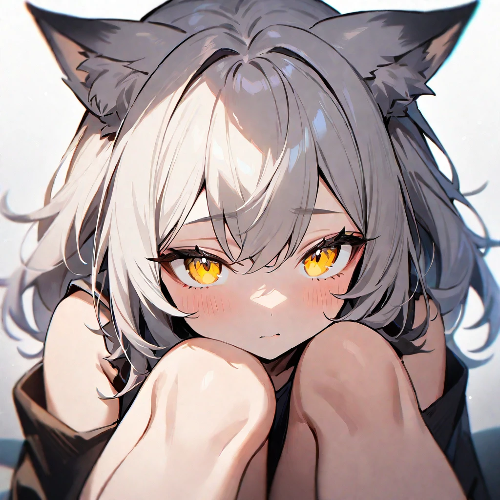 1girl,portrait,Wolfgirl,yellow eyes,masterpiece, best quality, very aesthetic, absurdres,High Saturation,fullbody,barefoot,sitting,knees up,knees on Face,front View,