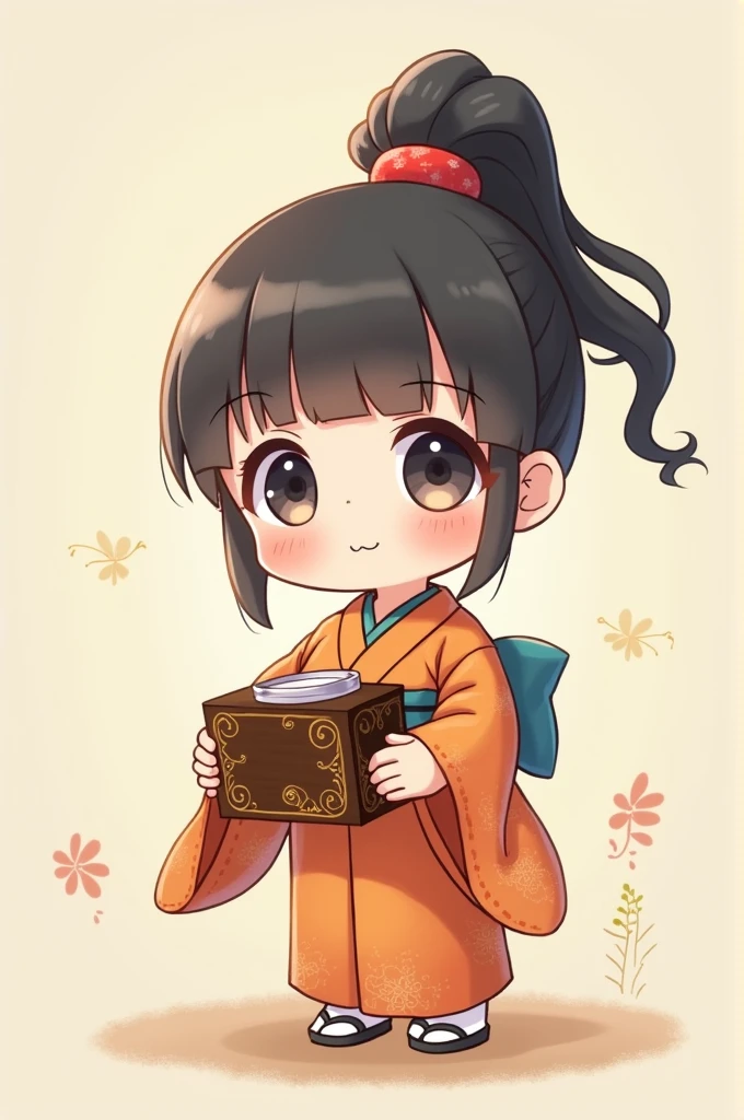 Mini character, Japanese clothing, holding a box, ponytail, cute