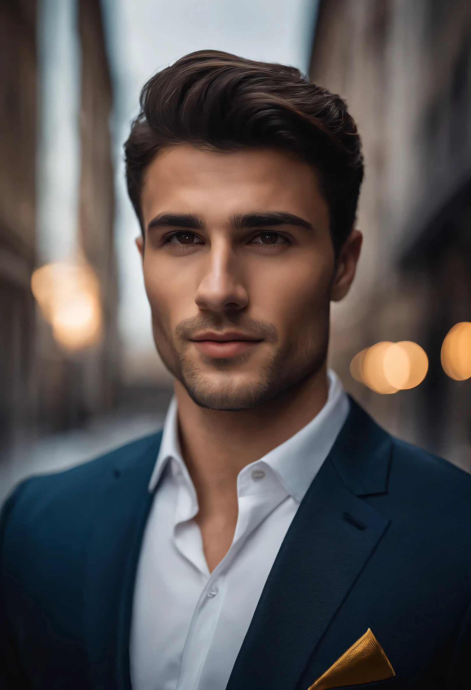 Italian 25yo man , dark short  hair with fade, dark suit,confident expression,sharp jawline,vibrant skin,smiling,handsome face,standing pose,city backdrop,professional studio lighting,realistic,a Ferrari, photorealistic:1.37,portraits,vivid colors,cool tone,soft lighting