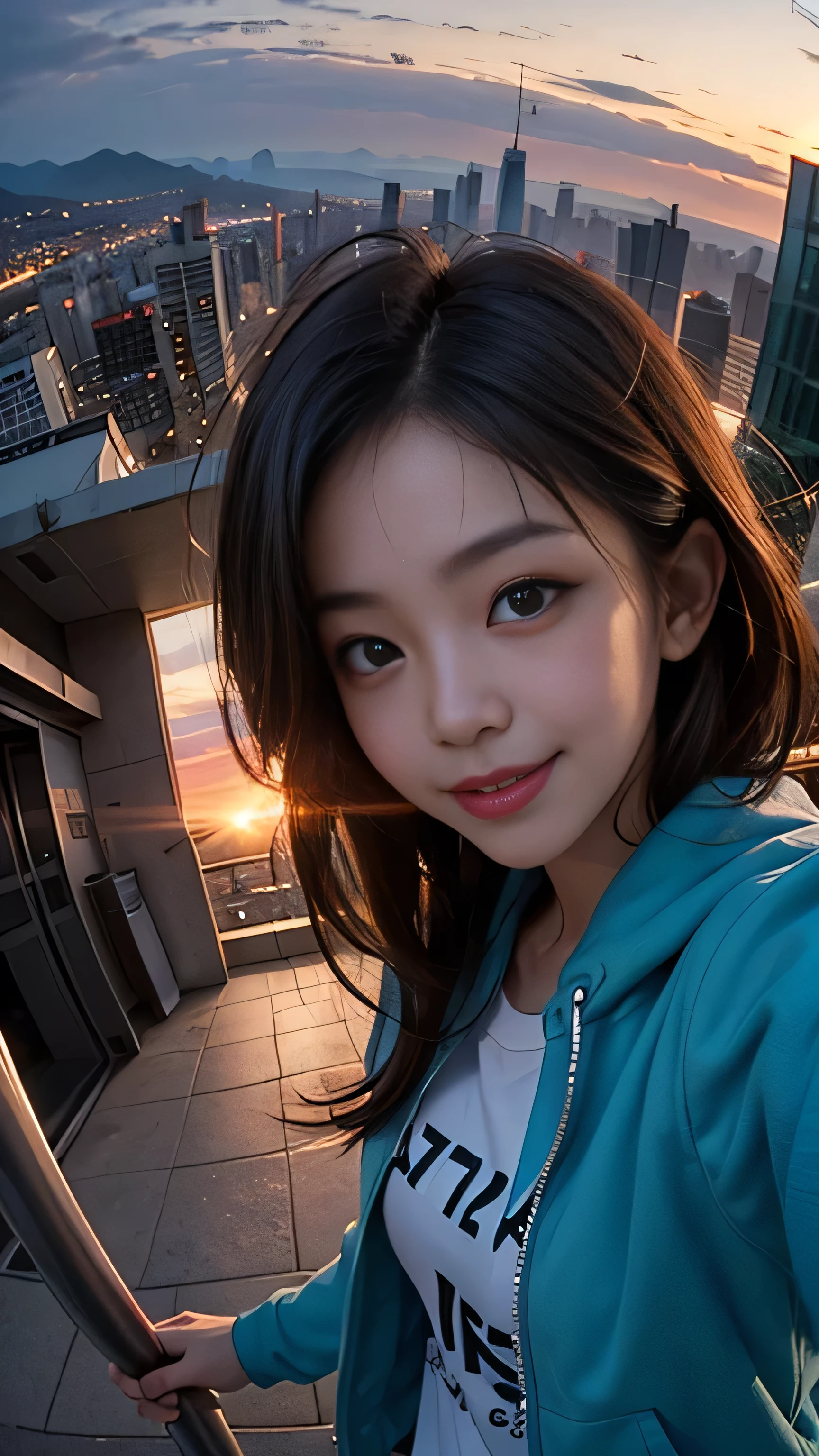 One girl, Korean, Fisheye Lens, Selfie, Wind, Messy Hair, sunset, Cityscape, (Aesthetics and atmosphere:1.2),smile