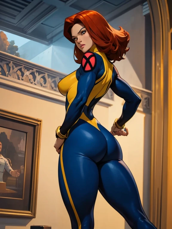 "Jean Grey standing confidently in a tight X-Men uniform, her athletic build and curvaceous figure highlighted by the form-fitting suit. The yellow and blue suit accentuates her narrow waist and strong legs, detailed tight ass, while her flowing red hair adds a dynamic touch."