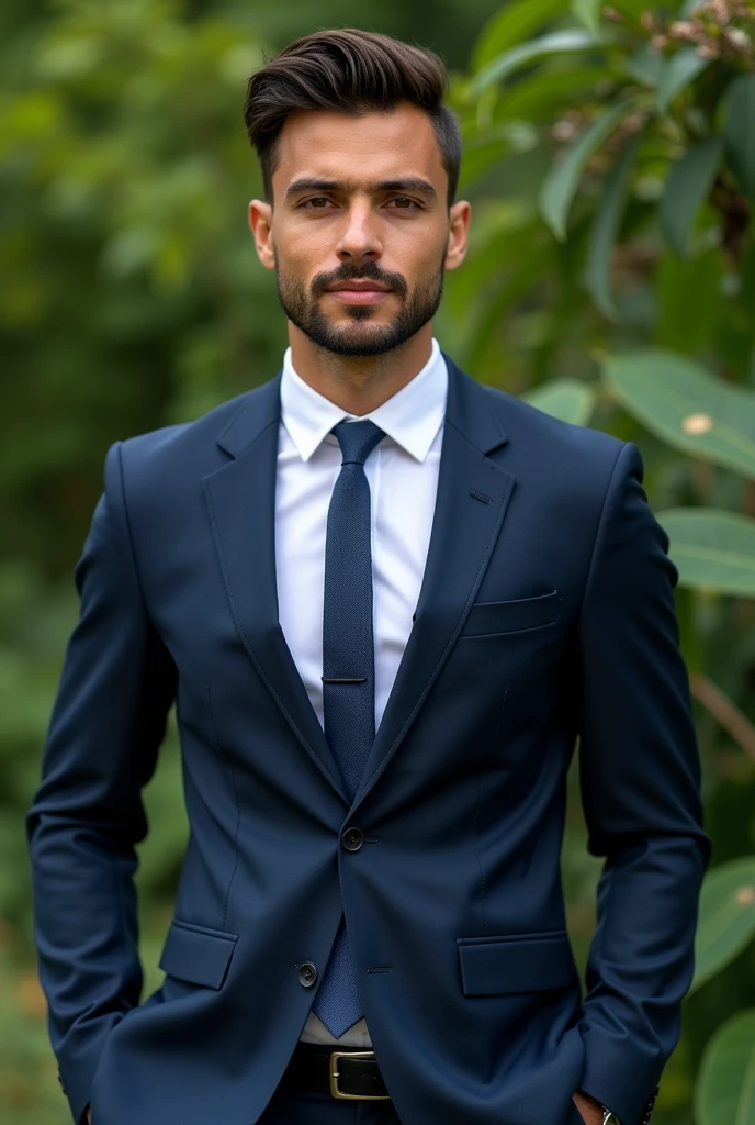 Brazilian businessman, beautiful hair, Suit, well-groomed beard, nice eyes, health up to date, greenery background,  full image up to the abdomen. 