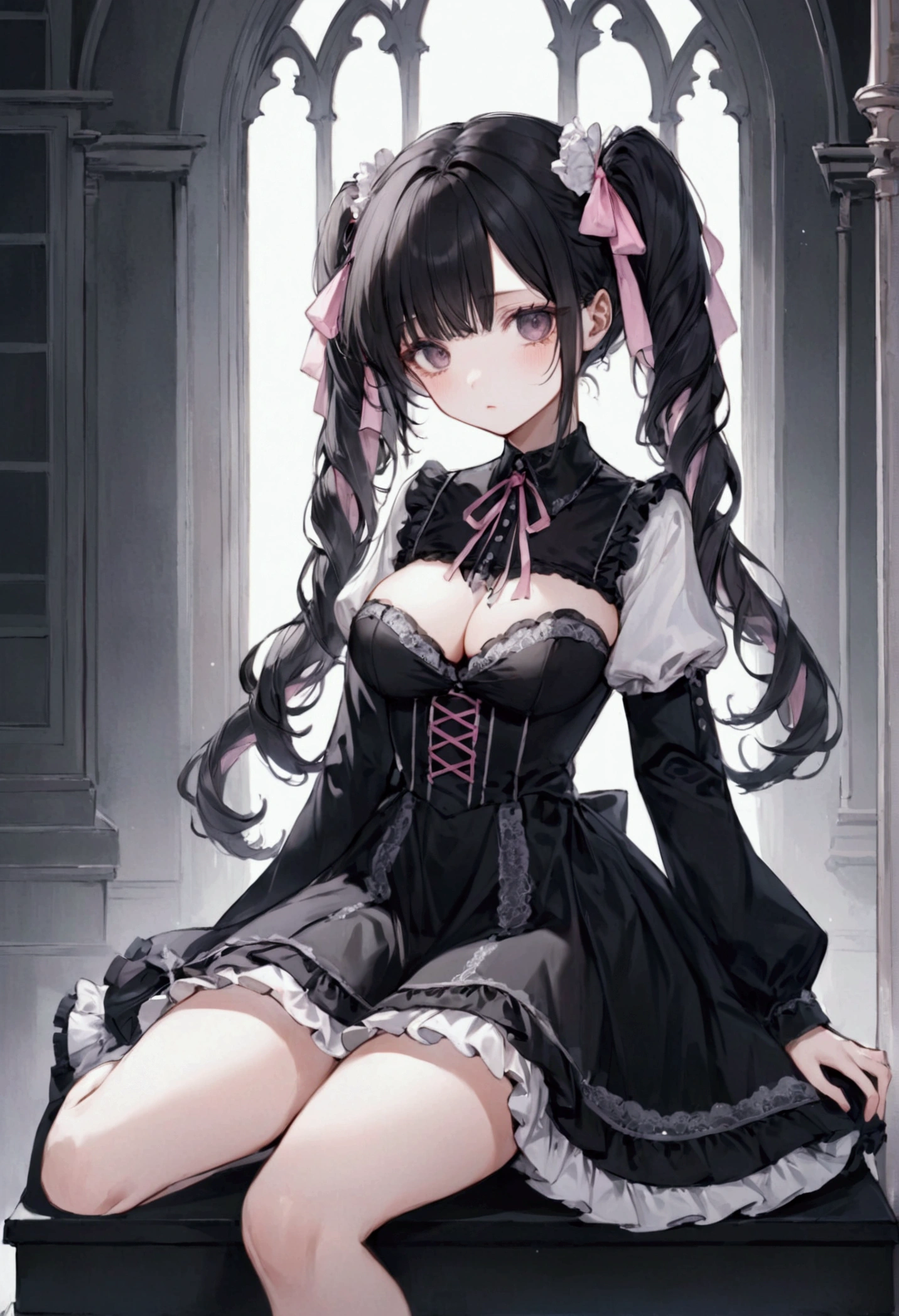 Anime style illustrations。A woman with a gloomy expression and depression, Mysterious atmosphere。Dark eyeliner。Her skin is a healthy color.、She has black hair。Her hairstyle is twin tails with long vertical curls on both sides.。The costume is black, white, Pale pink gothic lolita dress.。The dress is accented with a small pink ribbon on the chest......Large breasts（服の上からでもLarge breastsのがわかる.）- She has a good figure、She has a very sexy body、back 。She sits and shyly opens her legs