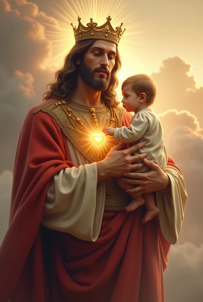 (photorealism:1.2), handsome Jesus Christ, carrying baby Jesus, wearing gold king clothes and crown with light in his head and heart spreading all over in the clouds, perfect Jesus Christ, real Jesus Christ, perfect five hands, perfect smiling face, elegant, soft lighting, many clouds, stand straight, realistic, intricate details, warm colors, by Earl Cornelio Necor