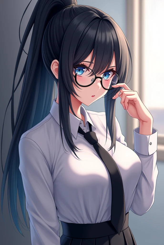 (High quality, 8ก, 4K, high contrast, Masterpiece:1.2, 最High quality, The best aesthetics ), beauty, very detailed, Sexy and erotic girls, (big breasts, long black hair , High ponytail , My face covers one eye. , blue eyes ) , Girl 1 , white shirt , black skirt , Black tie , Wear round glasses , Height 166 , Gentle face