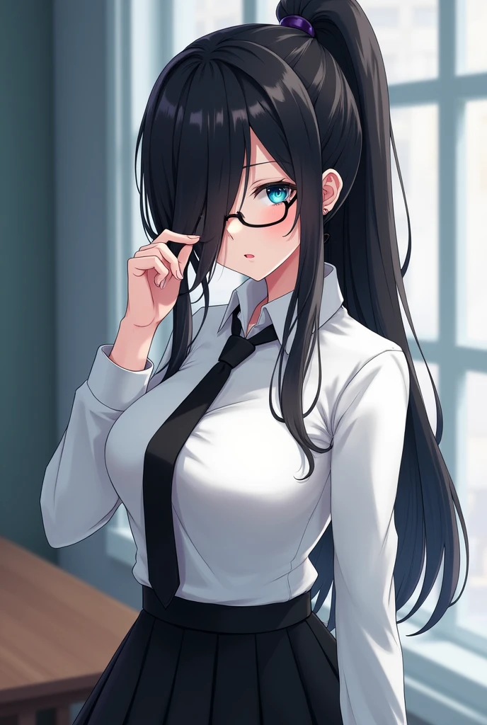 (High quality, 8ก, 4K, high contrast, Masterpiece:1.2, 最High quality, The best aesthetics ), beauty, very detailed, Sexy and erotic girls, (big breasts, long black hair , High ponytail , My face covers one eye. , blue eyes ) , Girl 1 , white shirt , black skirt , Black tie , Wear round glasses , Height 166 , Gentle face