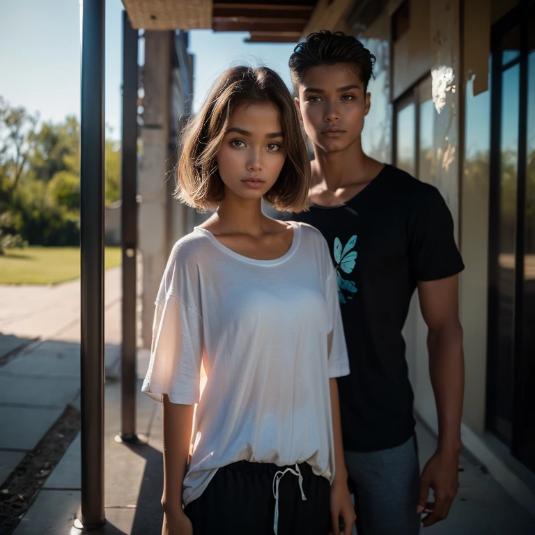 movie poster, butterfly, science fiction, movie, atmosphere, sky, male and female couple, blonde and long-haired woman, adult, (realism: 1.4), top quality, masterpiece, male, thin, (1 man, white loose shirt, black pants, viewer watch, brown hair, gray eyes, closed mouth, upper body), (idol face, Korean face, sharp eyeliner) (male), (face focus, potrait, Lightning in the movie, (light spring theme, short-haired man),((close-up of female face on background of man standing in foreground))