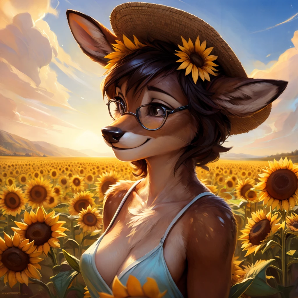 uploaded on e621, artstation, by Pixelsketcher, by Bayard Wu, by Thomas Benjamin Kennington , by Einshelm, by hioshiru and kenket, Chunie, portrait, solo anthro female deer doe, with small featureless breasts, clear dark blue, cinematic lighting, day, sunny day, sunflower field, stands in a high sunflower field, sunflower field background, sunflowers, mediterranean background, horizon background, shiny, chin short curly dark brown hair, wears big black nerd glasses, very very beautiful furry art, furry art, smiling, joyful, shiny, happy, feminine, cute face, muzzle, fluffy chest, flawless face, Fallow deer, 1girl, Sakimichan is beautiful, Masterpiece, Wavethesallow Face, shiny, Detailed image, portrait, Detailed image, portrait, full body, wears pure white and wide spaghetti straps dress, wears big and wide beige summer straw hat, shiny, realistic face, perfect anatomy, hourglass body, (furry body:1.1), anthropomorphic deer, detailed background, (cute anatomy:1.1)
