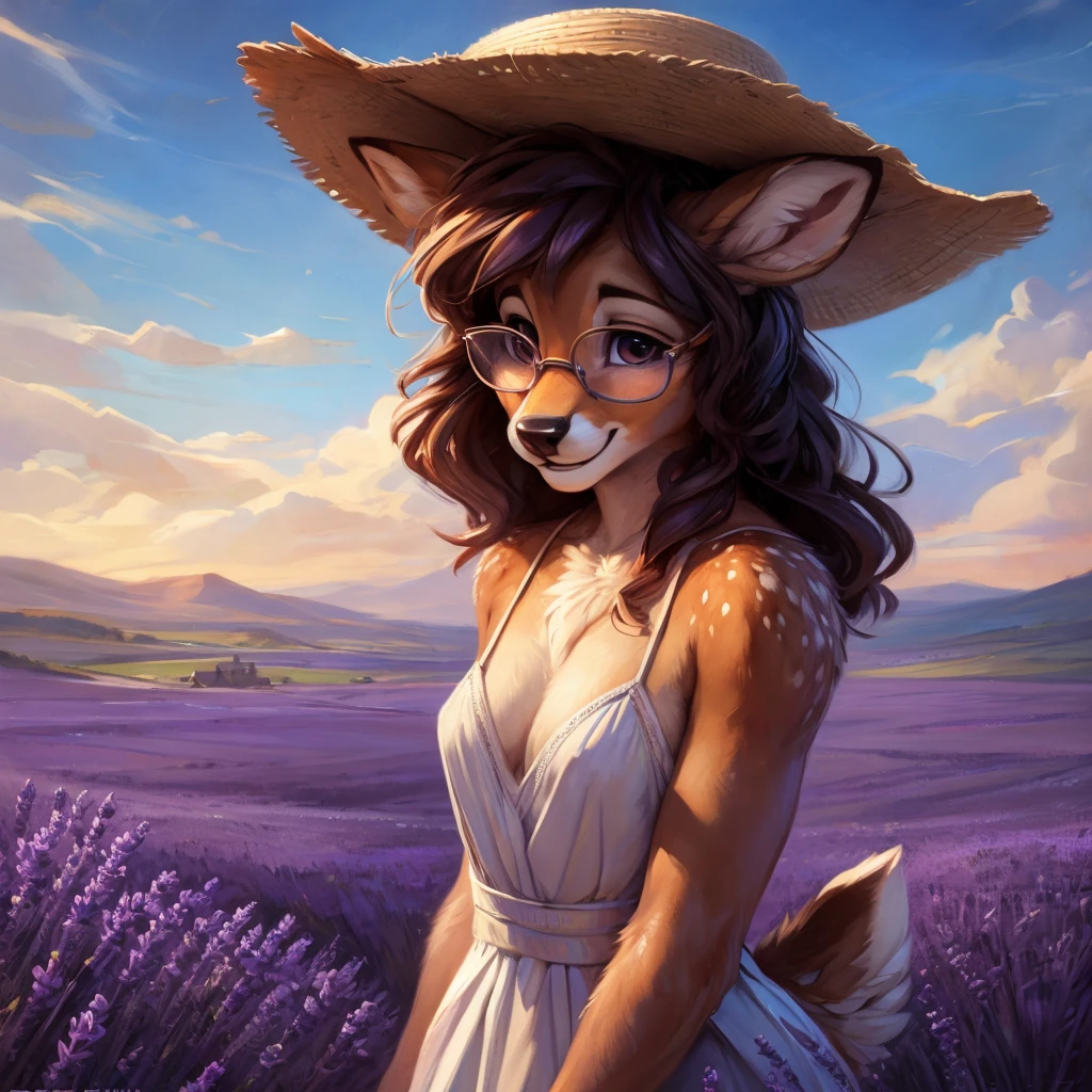 uploaded on e621, artstation, by Pixelsketcher, by Bayard Wu, by Thomas Benjamin Kennington , by Einshelm, by hioshiru and kenket, Chunie, portrait, solo anthro female deer doe, with small featureless breasts, clear dark blue, cinematic lighting, day, sunny day, lavender field, stays in a lavender field, lavender field background, mediterranean background, horizon background, shiny, short curly dark brown hair, wears big black nerd glasses, very very beautiful furry art, furry art, smiling, joyful, shiny, happy, feminine, cute face, muzzle, fluffy chest, flawless face, Fallow deer, 1girl, Sakimichan is beautiful, Masterpiece, Wavethesallow Face, shiny, Detailed image, portrait, Detailed image, portrait, full body, wearing pure white and wide spaghetti straps dress, wearing big and wide beige summer straw hat, shiny, realistic face, perfect anatomy, hourglass body, (furry body:1.1), anthropomorphic deer, looks at the viewer, small fluffy tail, detailed background, (cute anatomy:1.1), walks in a lavender field