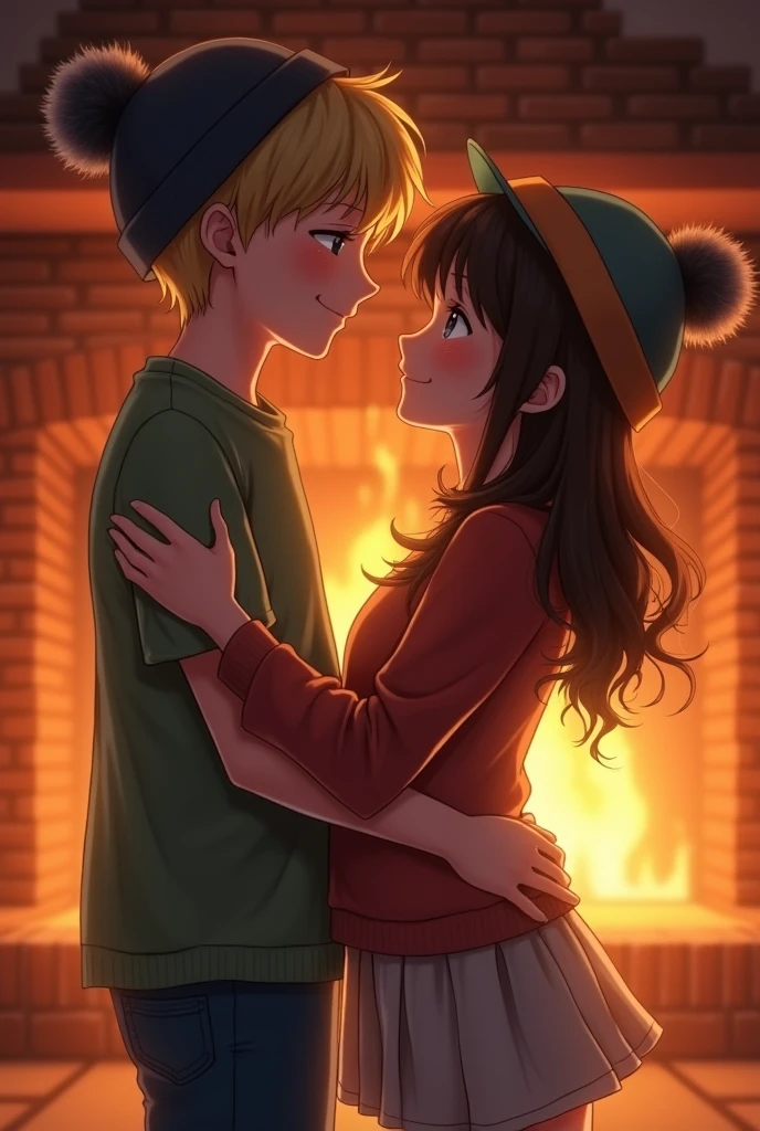 A blonde haired boy and a brunette haired girl where I went to hats sitting in front of a brick fireplace kissing and hugging for the first time late at night after having a crush on each other for a while