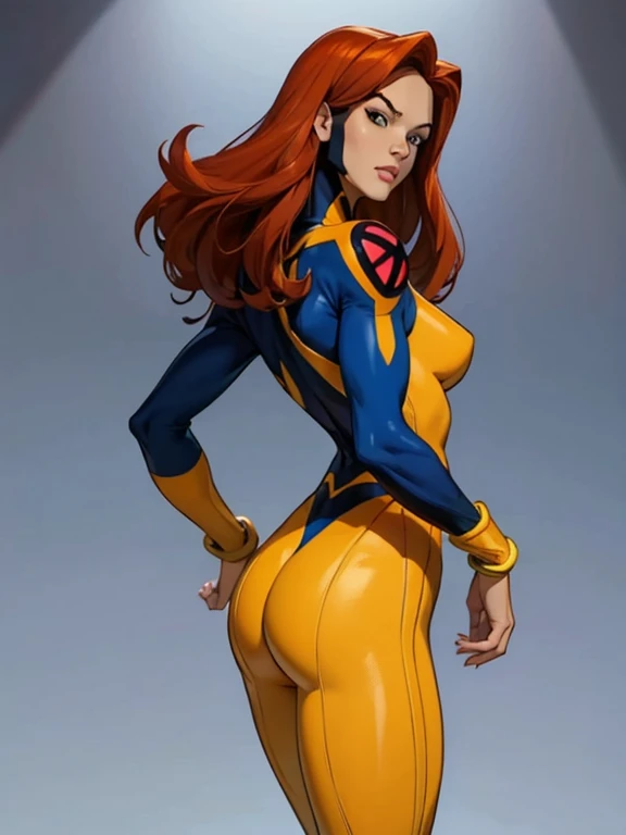"Jean Grey standing confidently in a tight X-Men uniform, her athletic build and curvaceous figure highlighted by the form-fitting suit. The yellow and blue suit accentuates her narrow waist and strong legs, detailed tight ass, while her flowing red hair adds a dynamic touch.", revealing outfit