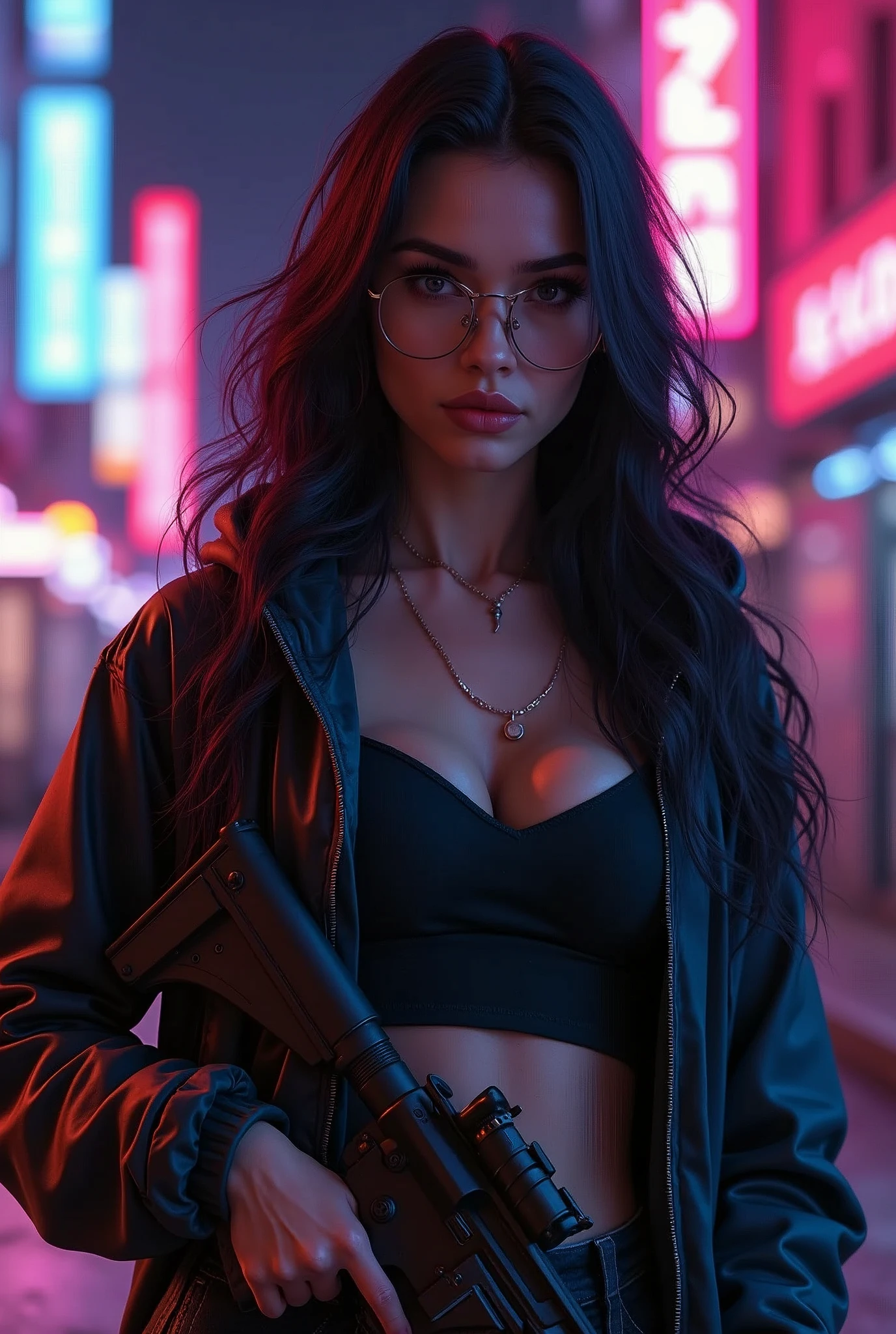 a beautiful woman, Megan Fox, beautiful detailed eyes, beautiful detailed lips, extremely detailed face, long eyelashes, wearing glasses, crop top, hoodie jacket, trousers, carrying a rifle, dynamic pose, silent neon city street, (best quality,4k,8k,highres,masterpiece:1.2),ultra-detailed,(realistic,photorealistic,photo-realistic:1.37),cyberpunk,vibrant colors,dramatic lighting
