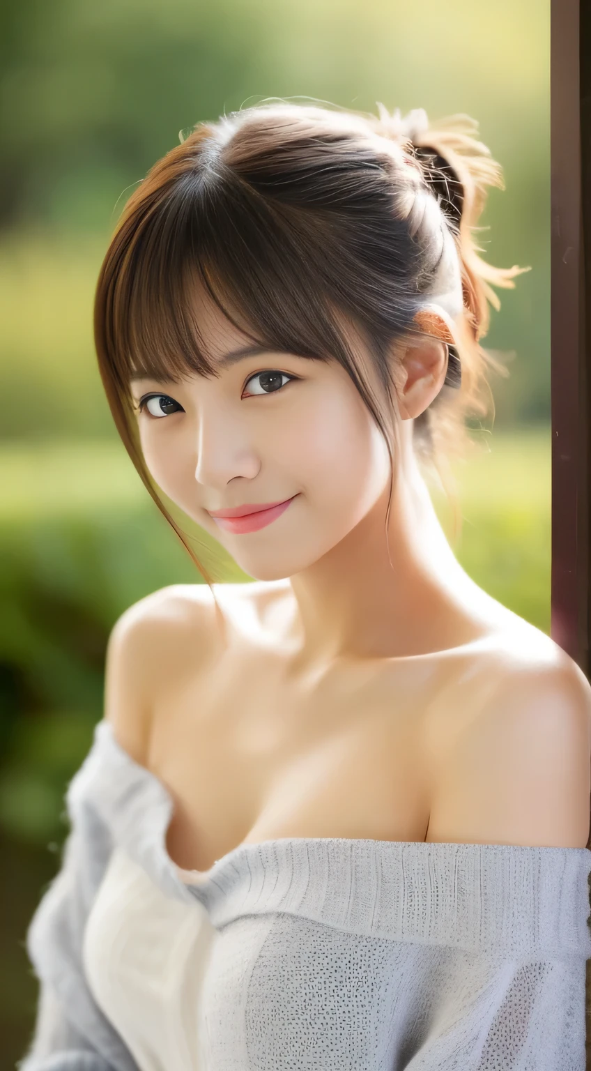 masterpiece,best quality,(Japanese girl),((Beautiful girl)),cleavage,(off shoulder:1.2),(perfect body beauty:1.2),(shy smile),