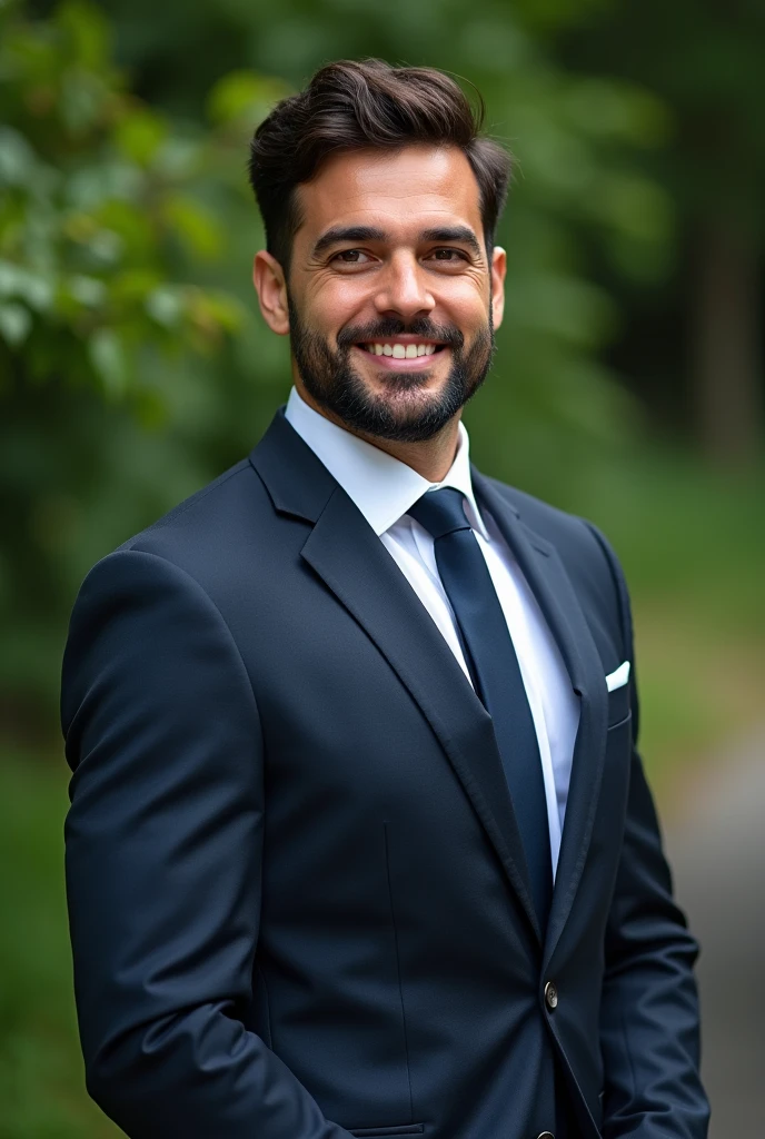 Brazilian businessman, beautiful hair, Suit, well-groomed beard, nice eyes, health up to date, greenery background,  full image up to the abdomen, 4K FulHD image