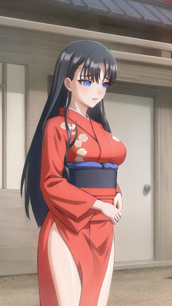 (mizushima_asa) (Sexy Red Kimono, Blue Eyes, Big Breasts:1.5,), Out Door, masterpiece, best quality