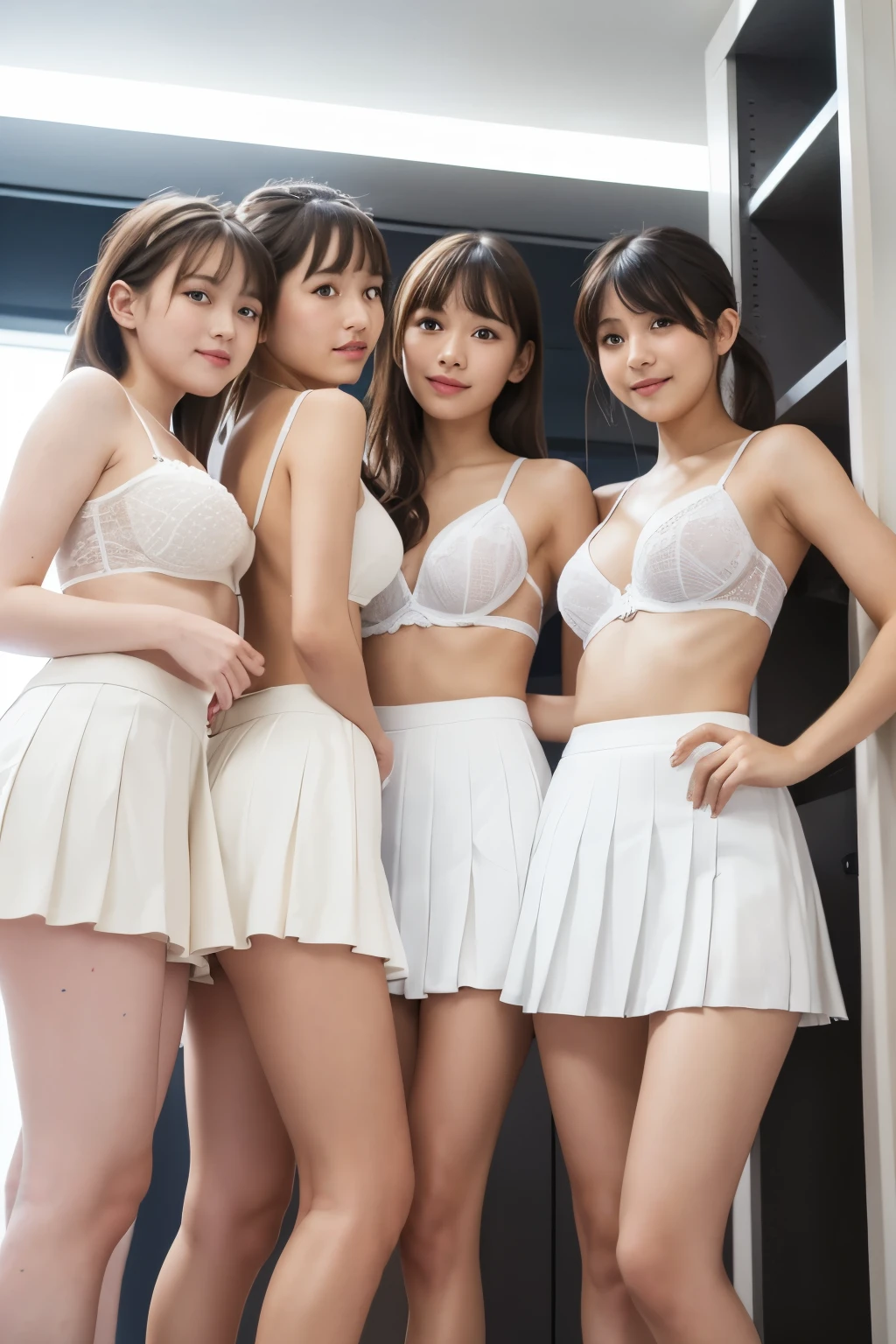8k, real photo, five girls standing together, ((white:1.5)) small-triangle bra with pleated mini skirt, ,bangs,a little smiles,thighs,knees,crotch,low ponytail,from below, low angle, exposing white panty, in a women’s changing room, photo shooting