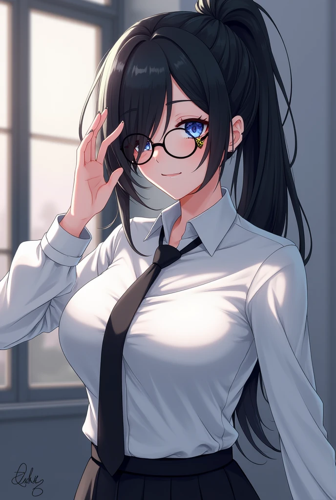 (High quality, 8ก, 4K, high contrast, Masterpiece:1.2, 最High quality, The best aesthetics ), beauty, very detailed, Sexy and erotic girls, (big breasts, long black hair , High ponytail , My face covers one eye. , blue eyes ) , Girl 1 , white shirt , black skirt , Black tie , Wear round glasses , Height 166 , Gentle face