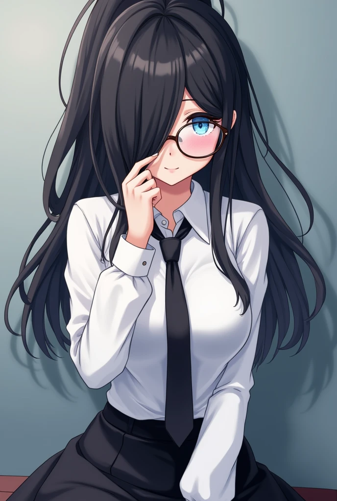 (High quality, 8ก, 4K, high contrast, Masterpiece:1.2, 最High quality, The best aesthetics ), beauty, very detailed, Sexy and erotic girls, (big breasts, long black hair , High ponytail , My face covers one eye. , blue eyes ) , Girl 1 , white shirt , black skirt , Black tie , Wear round glasses , Height 166 , Gentle face