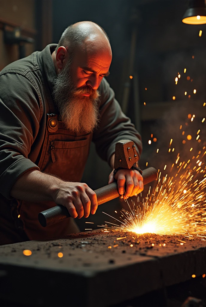 blacksmith, sparks, intricate, insanely detailed, man with beard, big hammer in air, big anwil, small sparks, glowing iron bar, iron chains
