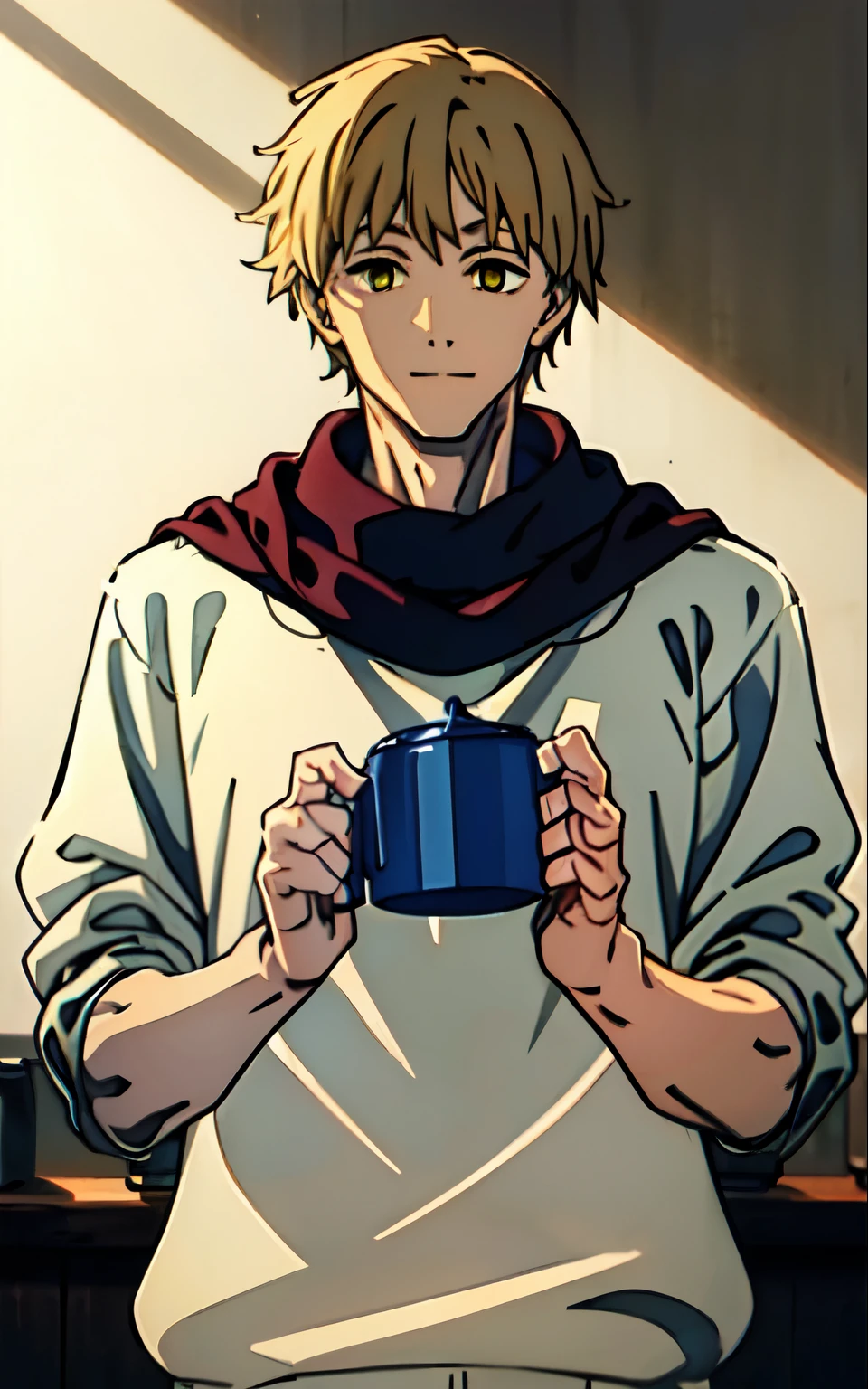 (((masterpiece))), best quality, 1 man, Yellow eyes, Gentle man，White messy short hair，Oversized white sweater，Red knitted scarf，Gentle smile，In the warm flower room，Holding a kettle，warm sunlight, Simple background,  Looking at the audience, Solitary, Upper Body