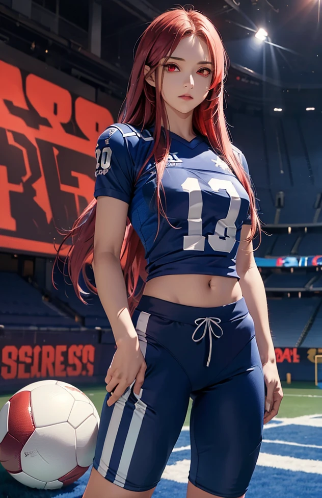 Woman with long hair straight, football jersey 70 in shirt, high detailed, realistic, ultra realistic, villain, football skin t shirt and ((football short pant)), blue football skin shirt, ((red eyes))