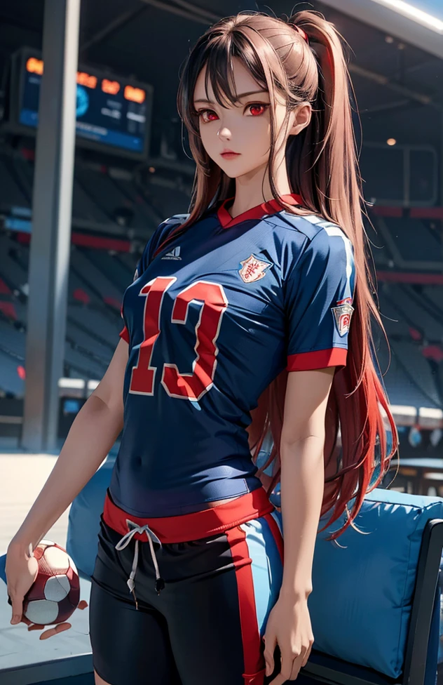 Woman with long hair straight, football jersey 70 in shirt, high detailed, realistic, ultra realistic, villain, football skin t shirt and ((football short pant)), blue football skin shirt, ((red eyes))