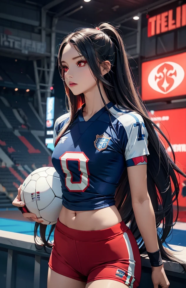 Woman with long hair straight, football jersey  70 in shirt, high detailed, realistic, ultra realistic, villain, football  skin t shirt and ((football short pant)), blue football skin shirt, ((red  eyes))