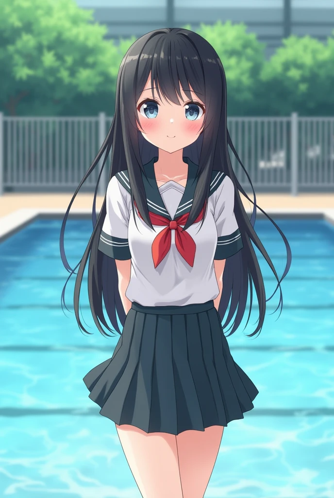 Standing by the pool at an empty school、Summer uniform、Idol Style、Long black hair、mini skirt、Cute Face、Smiling、Full body portrait
