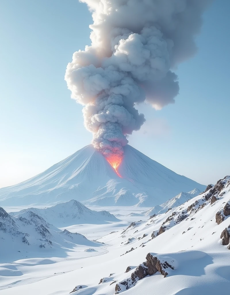 A photorealistic image titled 'Winter Mountain Eruption': A snow-covered mountain experiencing a powerful volcanic eruption. Thick smoke and ash billow into the cold, clear sky, contrasting with the pristine white snow on the slopes. The scene captures the dramatic and intense eruption amidst the serene and quiet winter landscape, highlighting the raw power of nature.