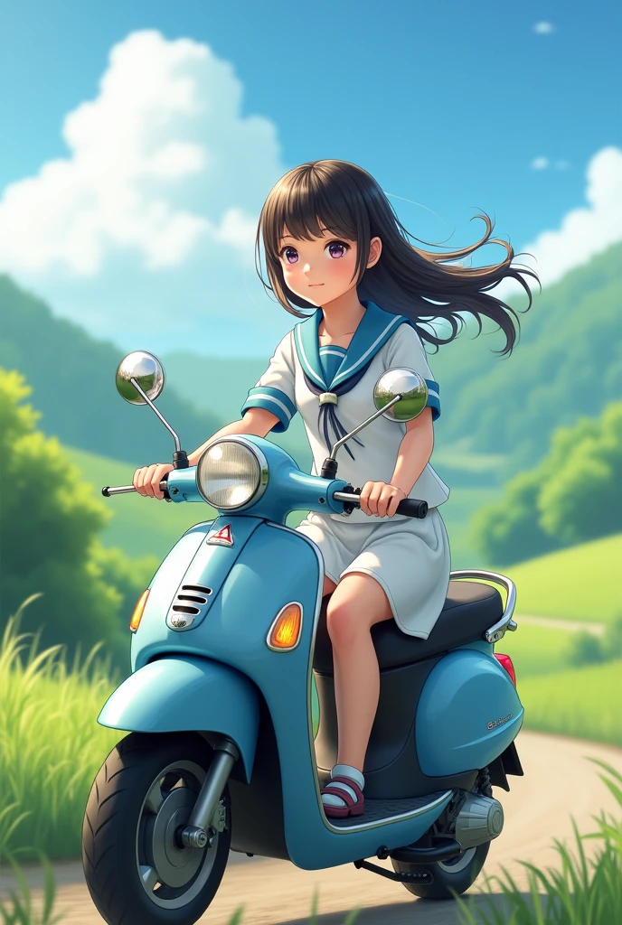 Create a image of girl wearing white and blue uniform and riding motorbike she is very pure natural innocent and beautiful