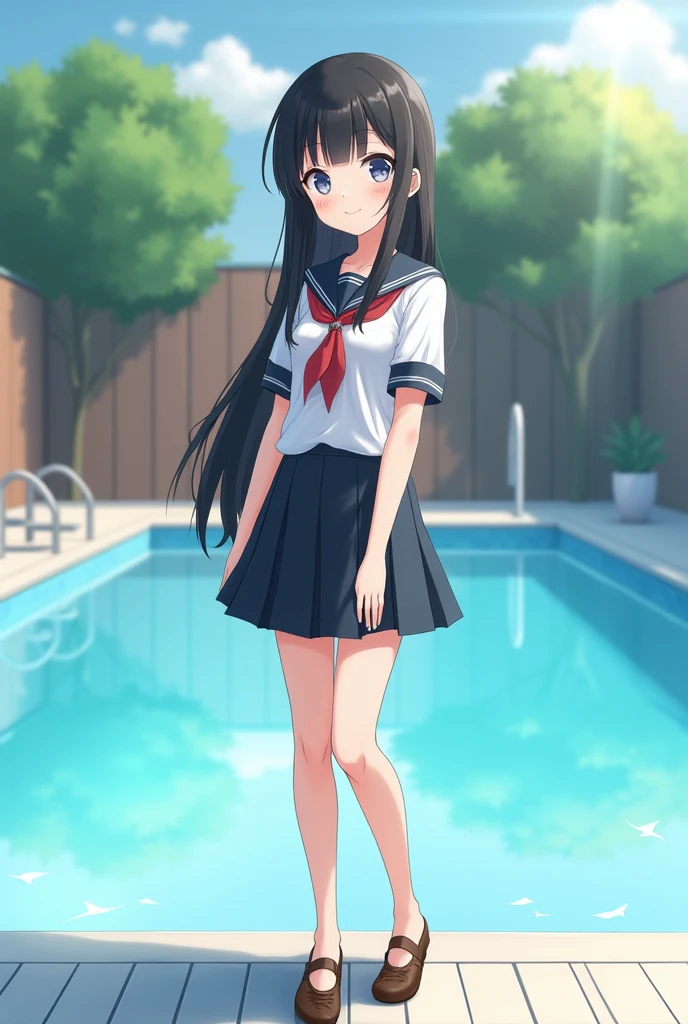 Standing by the pool at an empty school、Summer uniform、Idol Style、Long black hair、mini skirt、Cute Face、Smiling、Full body portrait
