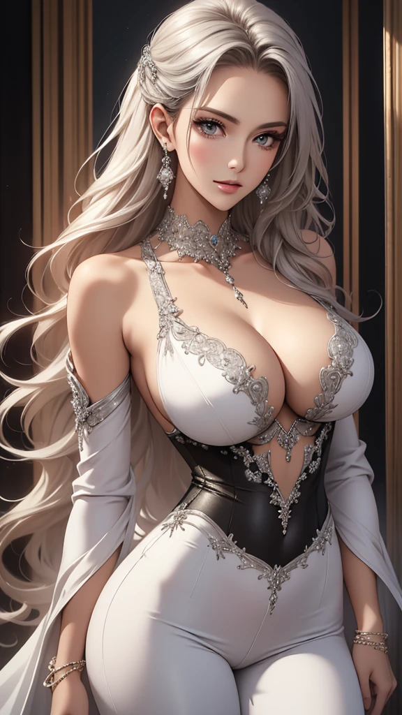 Closeup, Best quality, masterpiece, realistic, Beautiful sexy cool tall, slim, fit woman, wearing fancy silver-white sequin top and black pants, intricate and highly detailed, cleavage, long silver hair, body chain, jewelry.