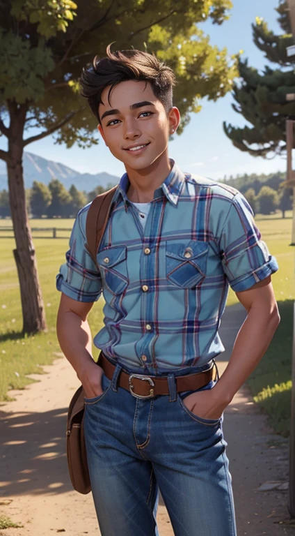 Foto hiperrealista en primer plano de jaden, masterpiece, best quality, (photorealistic:1.4), full body, (blue buttoned plaid flannel shirt:1.1) and (blue jeans:1.1), (boots:1.2), on the ranch, sunny day cinematic light, beautiful man, skinny, medium breasts, black short hair (bob short hair:1.2), detailed face, smile, facing the camera, photo taken from a distance, age of 16 years old, smiling