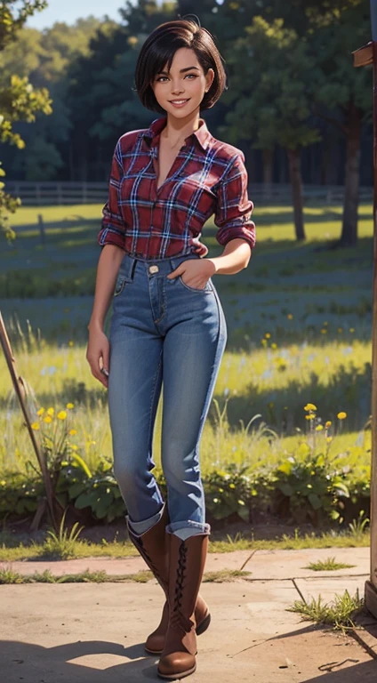 Foto hiperrealista en primer plano de jaden, masterpiece, best quality, (photorealistic:1.4), full body, (blue buttoned plaid flannel shirt:1.1) and (blue jeans:1.1), (boots:1.2), on the ranch, sunny day cinematic light, beautiful man, skinny, medium breasts, black short hair (bob short hair:1.2), detailed face, smile, facing the camera, photo taken from a distance, age of , smiling