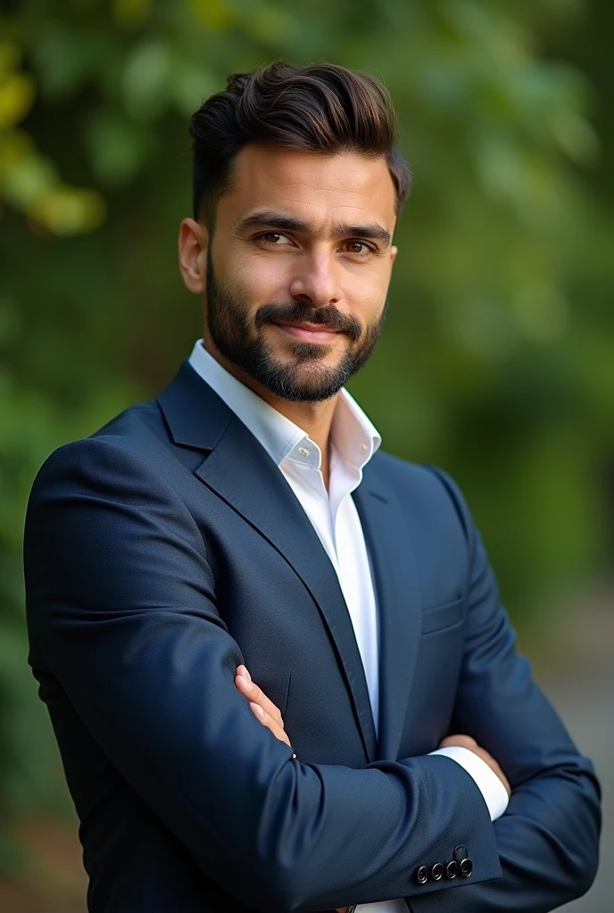 Brazilian businessman, beautiful hair, Suit, well-groomed beard, nice eyes, health up to date, greenery background,  full image up to the abdomen, 4K FulHD image, he is not smiling. 
