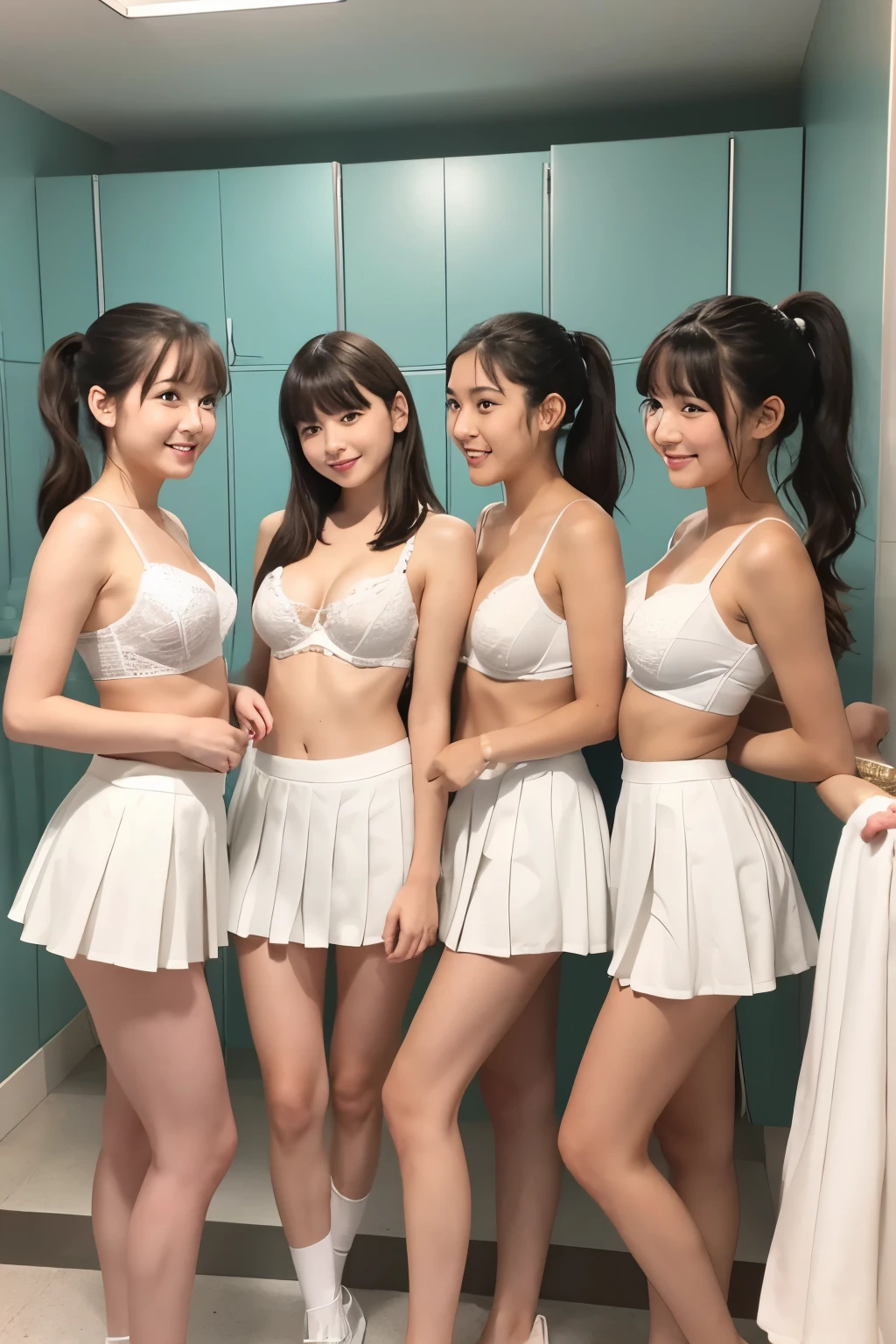 8k, real photo, five girls standing together, ((white:1.5)) small-triangle bra with pleated mini skirt, ,bangs,a little smiles,thighs,knees,crotch,low ponytail,from below, low angle, exposing white panty, in a women’s changing room, photo shooting