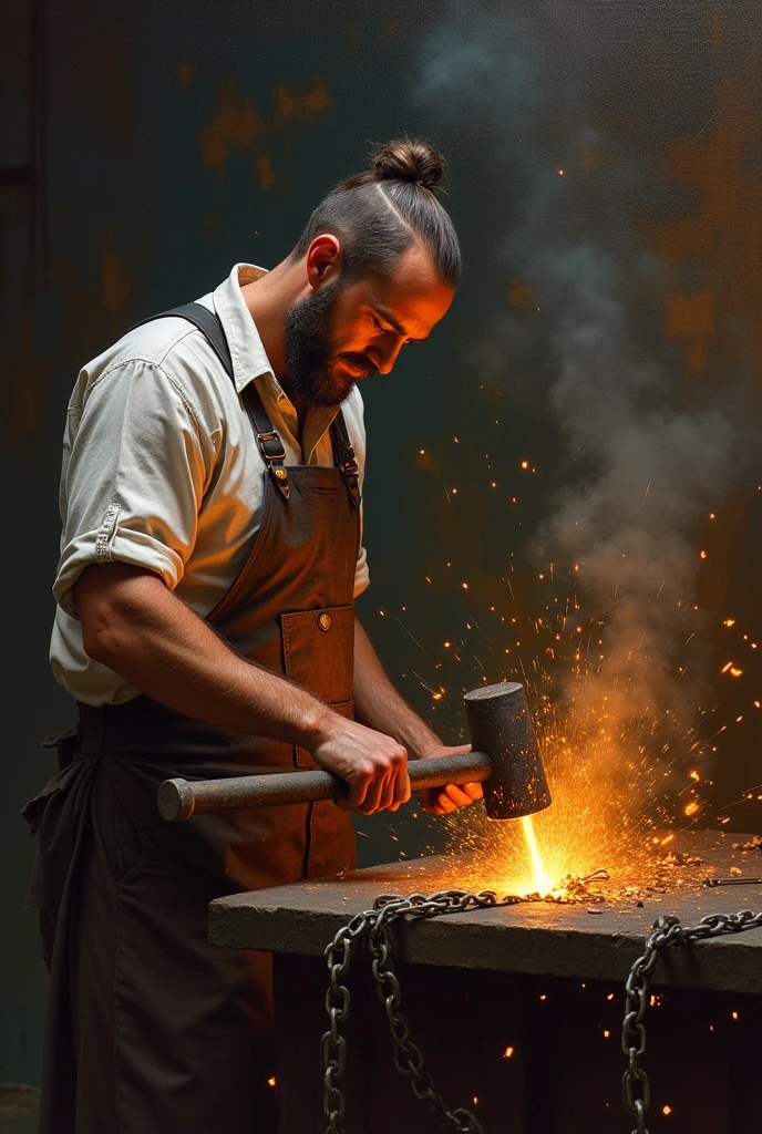 blacksmith, sparks, intricate, insanely detailed, man with short beard, short hair, big hammer in air, big anwil, small sparks, glowing iron bar, iron chains hanging in front, oil painting