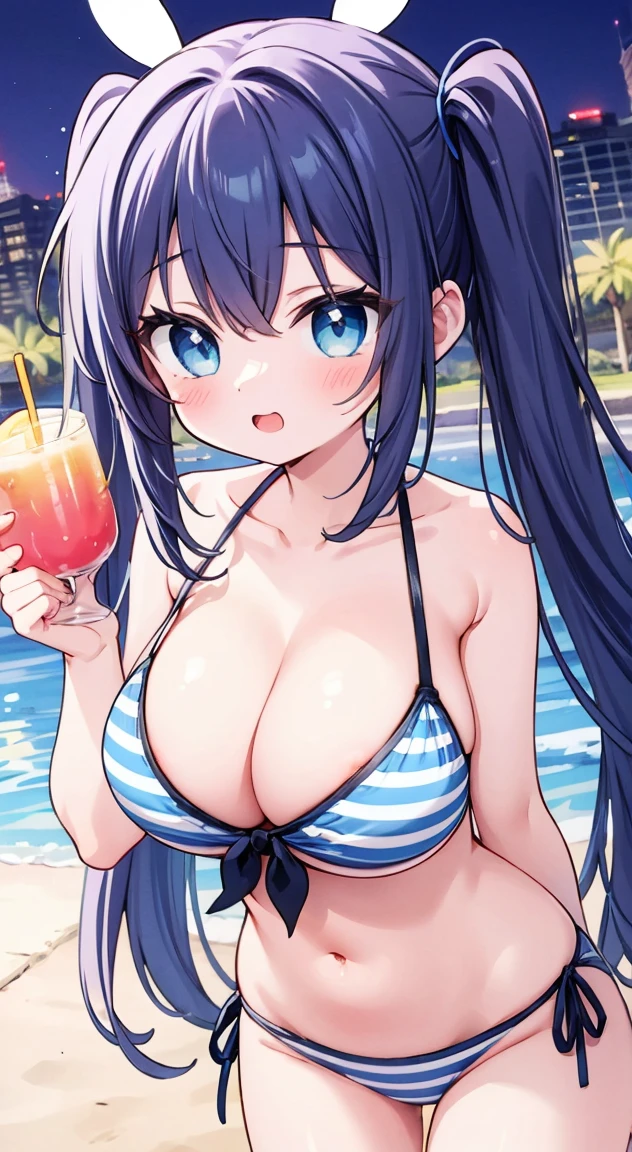 side tie bikini bottom,,masterpiece, highest quality, (anime screencap:1.3),(shape), cute,(simple:1), (anime:1.2),Solo Sharp Focus, 1 girl, cleavage,looking at the viewer, nighttime pools,Are standing,,(NSFW:1.2),Colorful Tank-top bikini,pastel colour Tank-top bikini,beautiful hair,Horizontal stripes,heart shaped pupils,(Holding a Tropicaljuice1.1),cute eyes,puffy eyes,seductive pose,Beaming face,large breasts,Twintail hair,heart shaped sunglasses on head,cheerful