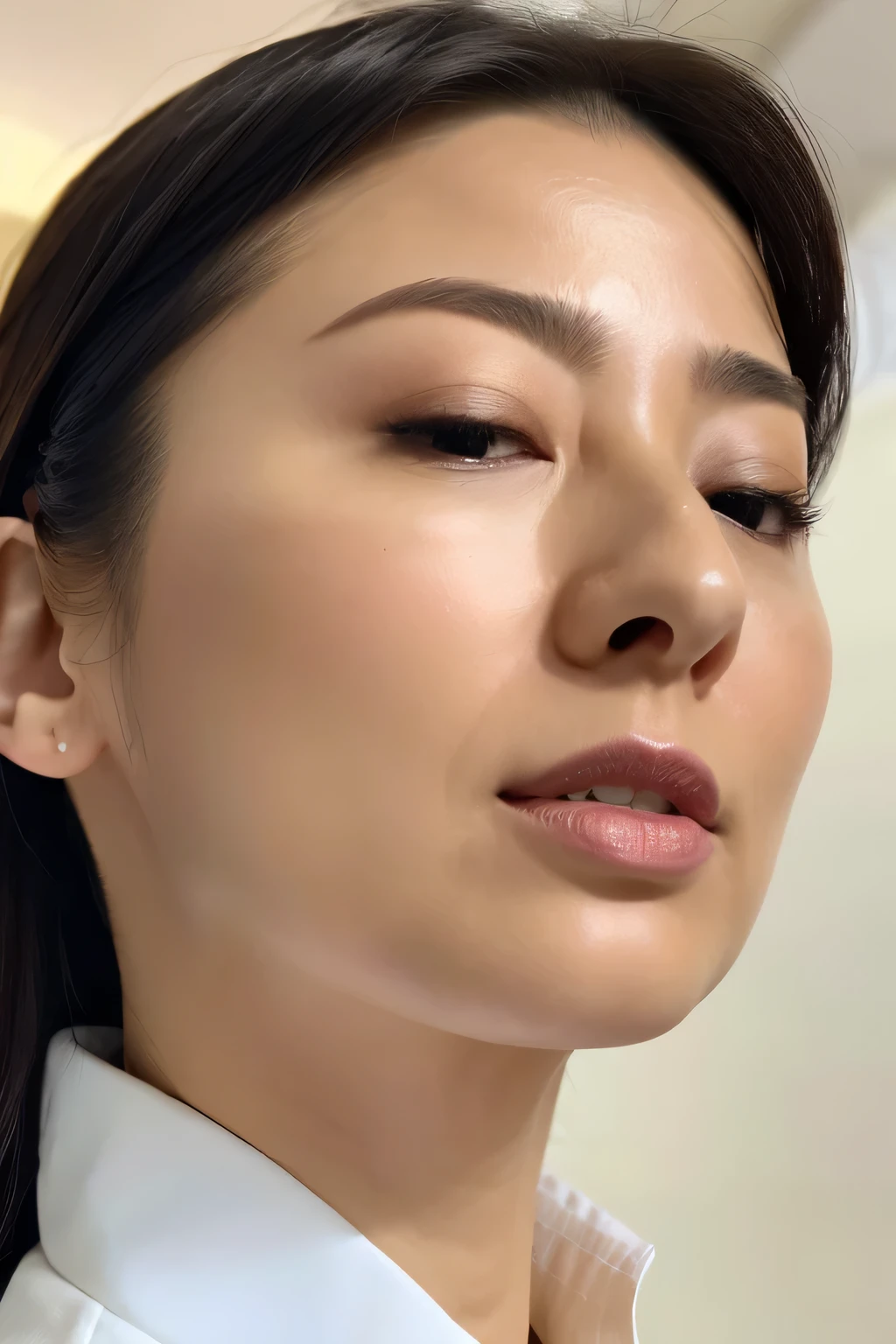 Beautiful Japanese actresses,(photo Realistic:1.4), (hyper Realistic:1.4), (Realistic:1.3),Very detailed, Edge Orgasm,face Focus, Woman with open mouth and closed eyes , A woman with an edge _face、Age 35、Black-haired、 News anchor、Very small toilet,((skin shining with 汗))((Clabrasion glistening with 汗,face shining with 汗)),(,Entrance to the house、In front of the front door、In front of the shoebox、White collared shirt,Hair tied up、teacher,(Wet Filter)(((下からのfaceのクローズアップ)))((large high nose,Prominent Nose))小さなface,((real skin,skin details,pores))
