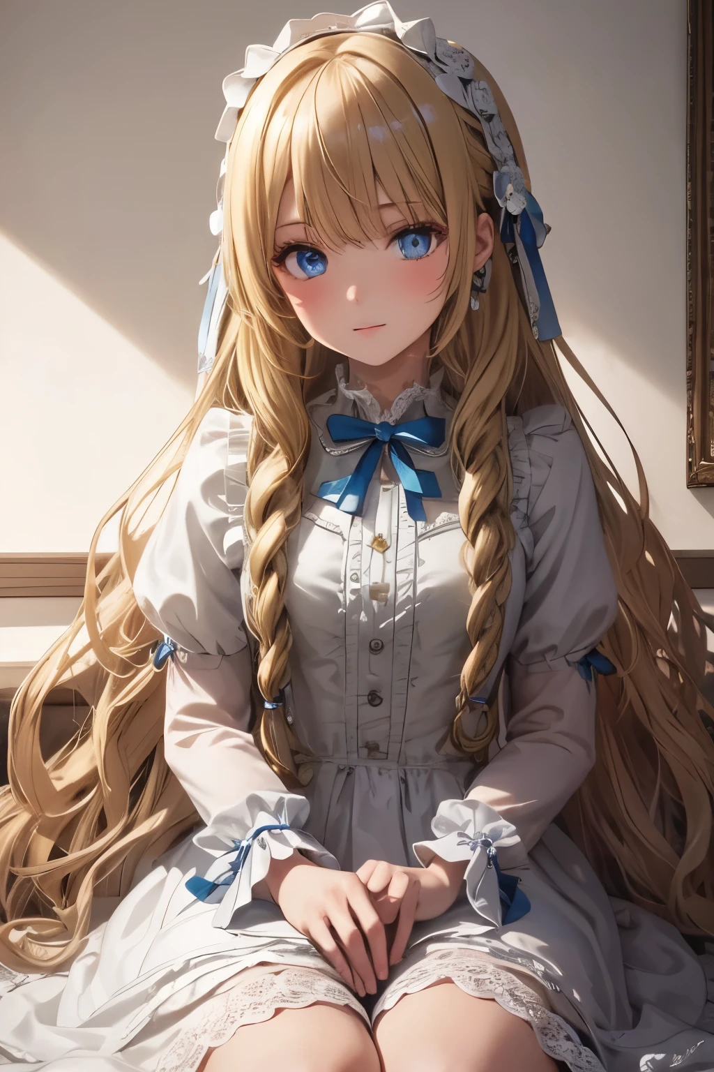 (masterpiece, best quality, 8k, ultra detailed, ultra high res:1.3), (anime style:1.2), 
BREAK 1girl, (long hair, wavy hair, blonde hair:1.2), (blue eyes:1.2), (sweet Lolita:1.3)
BREAK cowboy shot, looking at  viewer, (sitting, wariza, shoot from front:1.2), 
BREAK indoor, (in room, surrounded by bear doll:1.2), (white wall:1.2), 