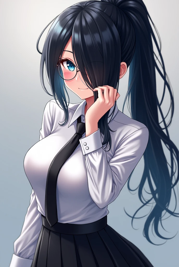 (High quality, 8ก, 4K, high contrast, Masterpiece:1.2, 最High quality, The best aesthetics ), beauty, very detailed, Sexy and erotic girls, (large breasts, long black hair , High ponytail , My face covers one eye. , Blue hair tie , blue eyes ) , Girl 1 , white shirt , black skirt , Black tie , Wear round glasses , Height 166 , Gentle face