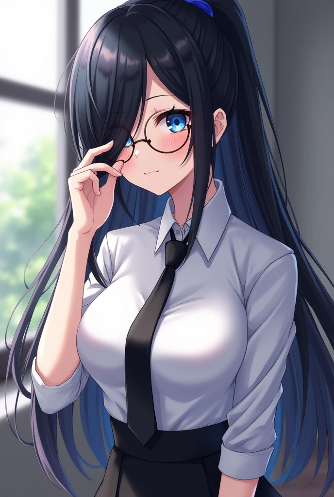 (High quality, 8ก, 4K, high contrast, Masterpiece:1.2, 最High quality, The best aesthetics ), beauty, very detailed, Sexy and erotic girls, (big breasts, long black hair , High ponytail , My face covers one eye. , blue eyes ) , Girl 1 , white shirt , black skirt , Black tie , Wear round glasses , Height 166 , Gentle face