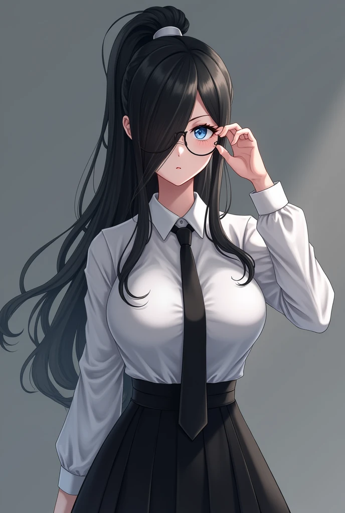 (High quality, 8ก, 4K, high contrast, Masterpiece:1.2, 最High quality, The best aesthetics ), beauty, very detailed, Sexy and erotic girls, (big breasts, long black hair , High ponytail , My face covers one eye. , blue eyes ) , Girl 1 , white shirt , black skirt , Black tie , Wear round glasses , Height 166 , Gentle face 